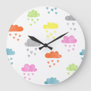 Reloj Redondo Grande Nubes de ensueño: Lluvia en el corazón acuarela