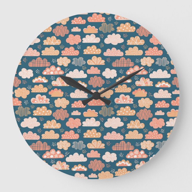 Reloj Redondo Grande Nubes escandinavas: Patrones infantiles dorados. (Anverso)