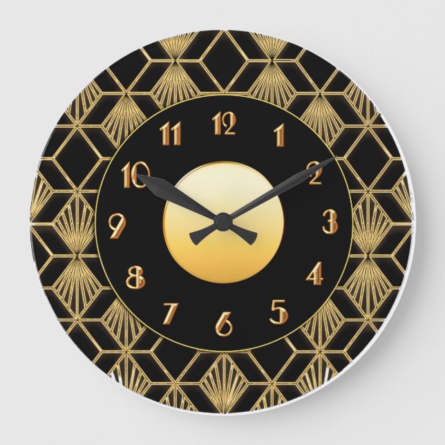 Reloj Redondo Grande Nuevo patrón Art Deco oro y negro (Anverso)