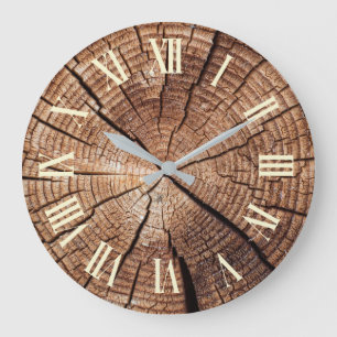 Reloj Redondo Grande Numeral Romano de Rebanada de Madera Rústica