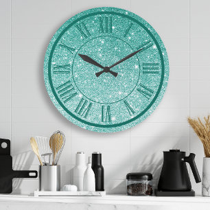 Reloj Redondo Grande Número Romano Brillante Glitter Turquesa Femenino