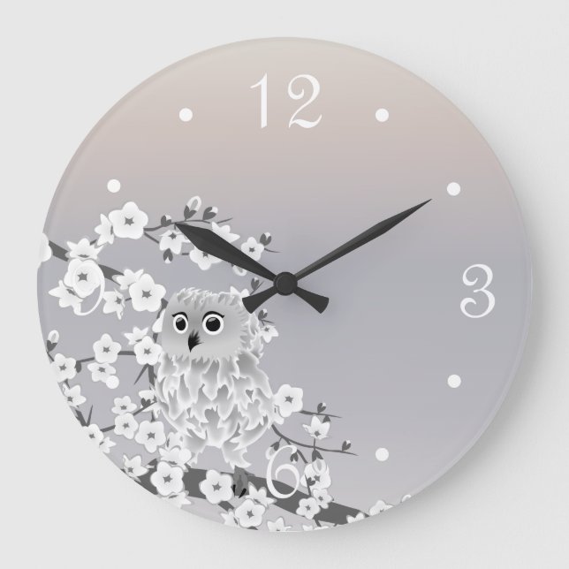 Reloj Redondo Grande Números blancos de búho beige pee (Anverso)