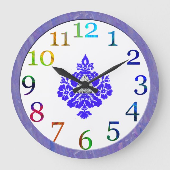 Reloj Redondo Grande números coloridos y damasco azul (Anverso)