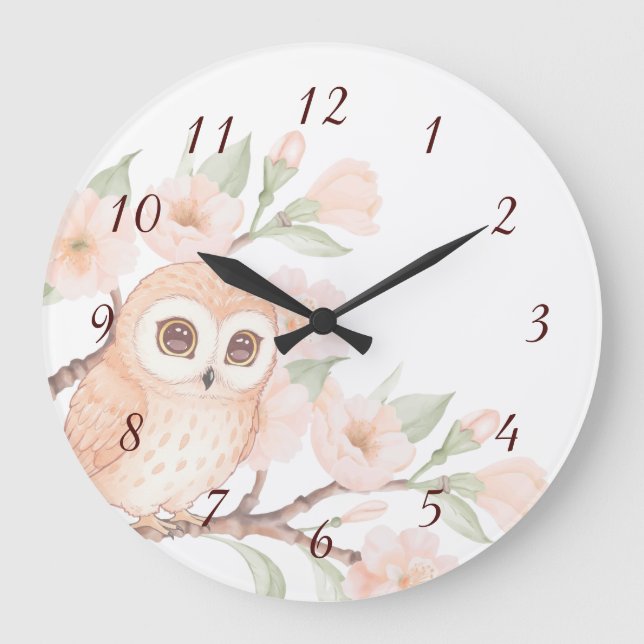 Reloj Redondo Grande Números de búho y flores de cerezo (Anverso)