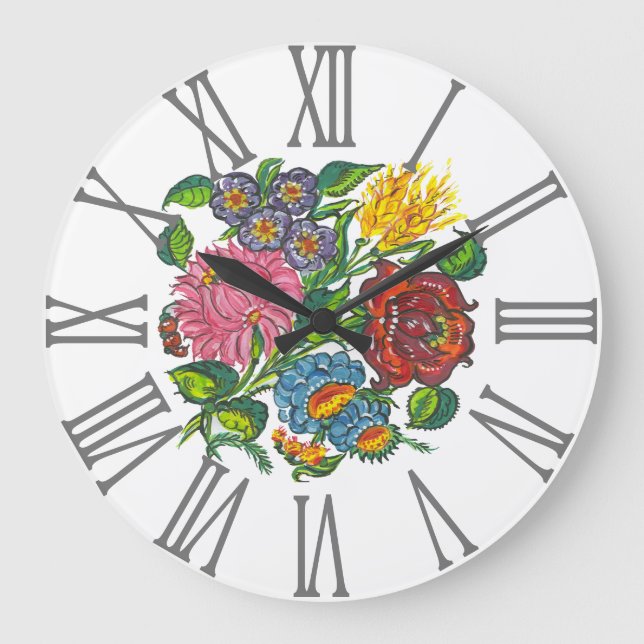 Reloj Redondo Grande Números florales y romanos de Kalocsai (Anverso)
