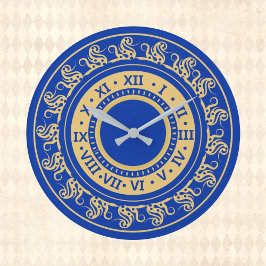 Reloj Redondo Grande Números medievales en azul profundo y oro