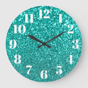 Reloj Redondo Grande Números modernos Faux Sparkly Verde azulada Purpur