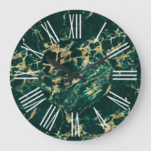 Reloj Redondo Grande Números romanos blancos mármol dorado verde oscuro