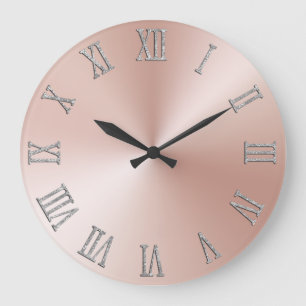 Reloj Redondo Grande Números romanos con brillo plateado rosa pálido do