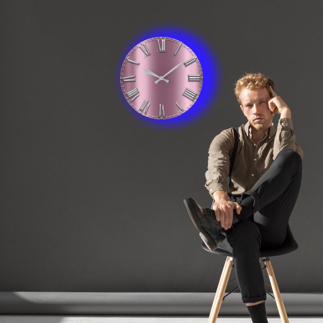 Reloj Redondo Grande Números romanos de Eggplant Rubor Gray Purple Silv (Eggplant Blush Gray Purple Silver Roman Numbers Large Clock)