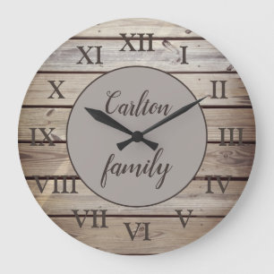 Reloj Redondo Grande Números Romanos de Madera Rústica Nombre de Famili