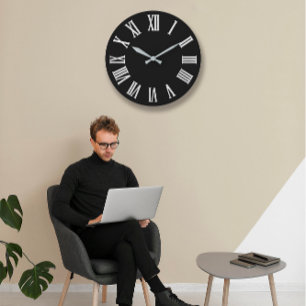 Reloj Redondo Grande Números romanos de plata metálica gris blanco negr