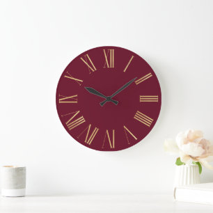 Reloj Redondo Grande Números Romanos Dorados Elegantes sobre Fondo Burg