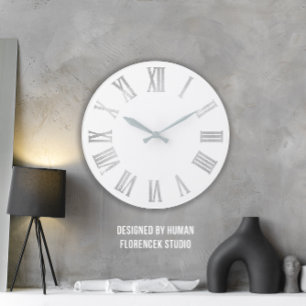 Reloj Redondo Grande Números romanos gris metálicos de plata blanca