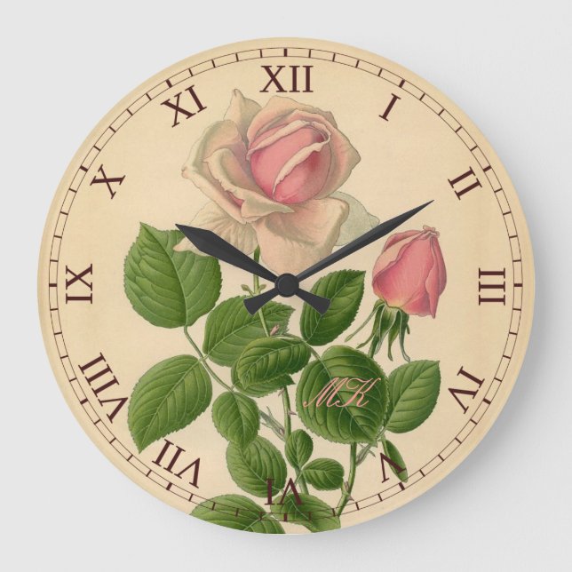 Reloj Redondo Grande Números romanos híbridos del rosa de té del rosa (Anverso)