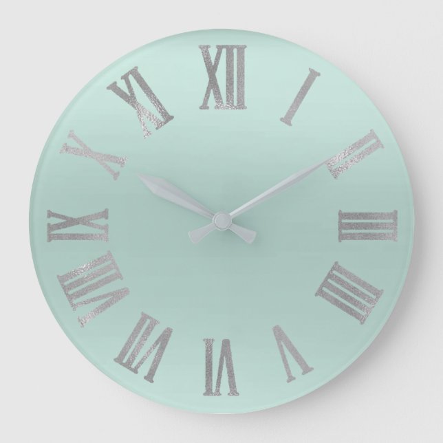 Reloj Redondo Grande Numeros romanos metálicos mínimos de plata Aqua (Anverso)