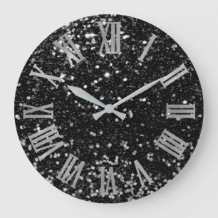 Reloj Redondo Grande Números romanos metálicos Purpurinas Gris negro