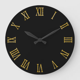 Reloj Redondo Grande Números romanos negrita con brillo dorado negro