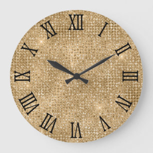 Reloj Redondo Grande Números romanos negros con brillo dorado Disco