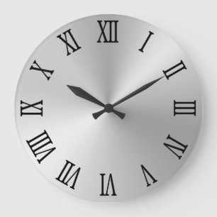 Reloj Redondo Grande Números romanos negros con ombre plateado claro
