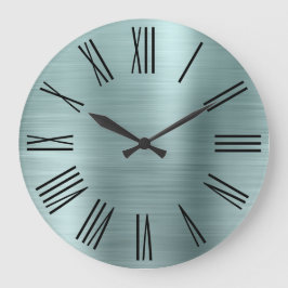 Reloj Redondo Grande Números Romanos Negros de Hoja de Plata Bruñida