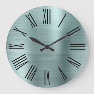 Reloj Redondo Grande Números Romanos Negros de Hoja de Plata Bruñida