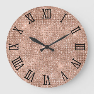 Reloj Redondo Grande Números romanos negros rosa oro brillo Disco