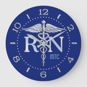 Reloj Redondo Grande Nurse RN Caduceus Monogram Dial Style on Blue