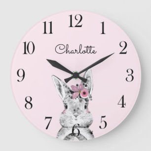 Reloj Redondo Grande Nursera del nombre del bebé de color rosa de los a