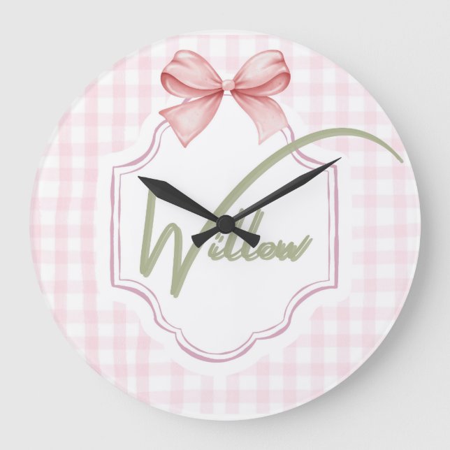 Reloj Redondo Grande Nursera personalizada de bebé salvaje Bow&Gingham (Anverso)