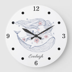Reloj Redondo Grande Nursera personalizada de Chica de ballenas con sir