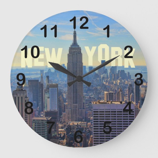 Reloj Redondo Grande NYC Skyline Empire State Building, World Trade 2C (Anverso)