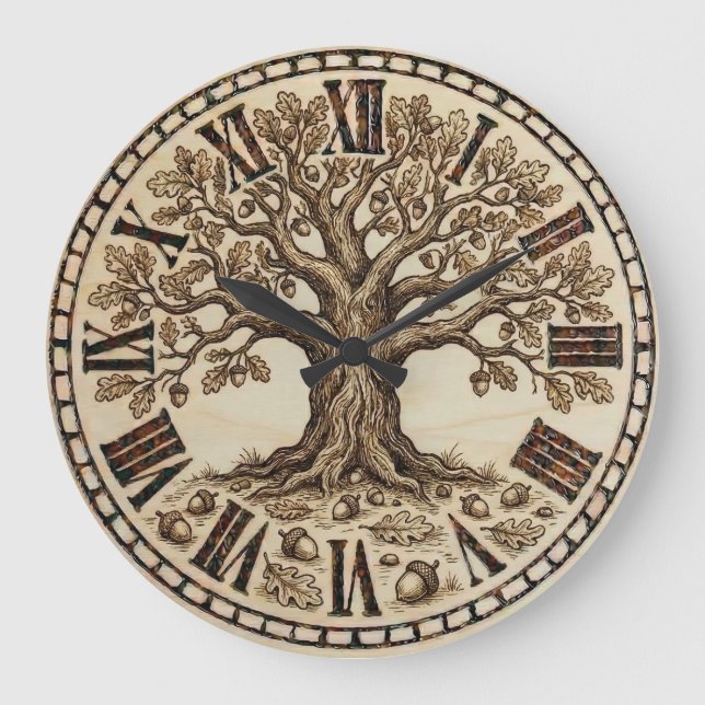 Reloj Redondo Grande Oak Tree Wall Clock – Wood-Burned Rustic Style (Anverso)