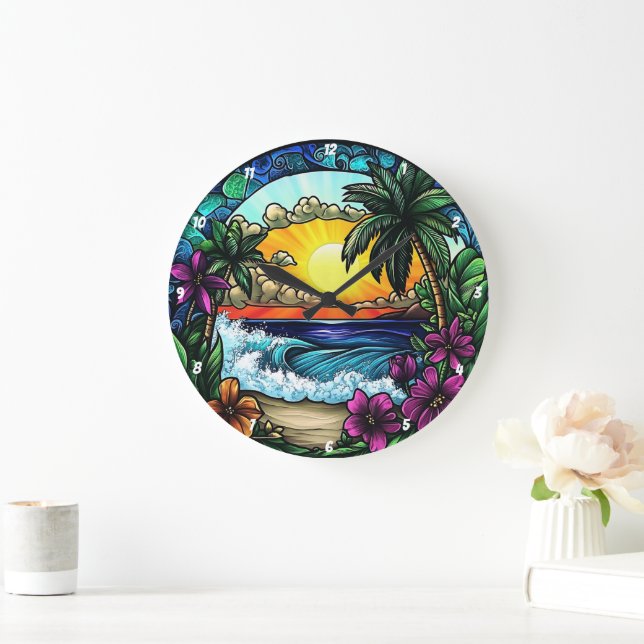 Reloj Redondo Grande Oasis Tropical Sunset Playa Vibrante (Hogar)