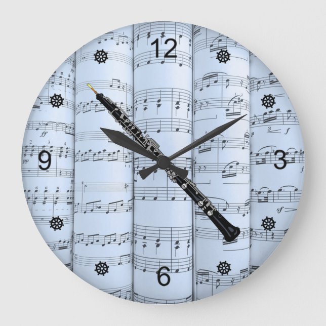 Reloj Redondo Grande Oboe ~ Rolling Sheet Music ~ Blue Tint Background  (Anverso)