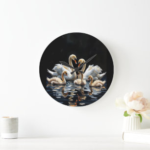 Reloj Redondo Grande Obra de arte de la familia de cisnes en el lago ne