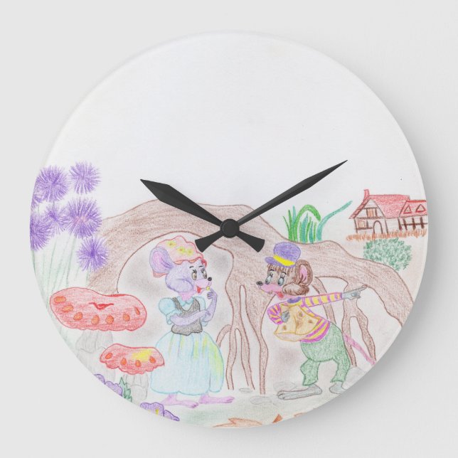 Reloj Redondo Grande Obras de arte de niños personalizados, dos ratones (Anverso)