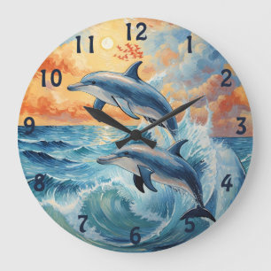 Reloj Redondo Grande Océano atardecer artístico de dos delfines saltand