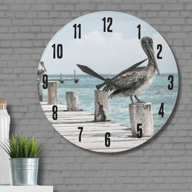 Reloj Redondo Grande Océano costero pelícano (Beautiful Brown Pelicans Ocean Coastal Beach Large Clock)