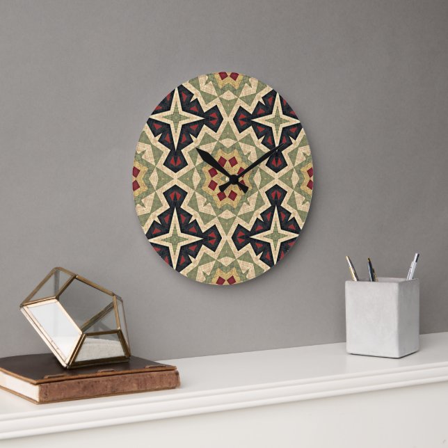 Reloj Redondo Grande Ochre Mustard Yellow Olive Green Tribal Art (Oficina)