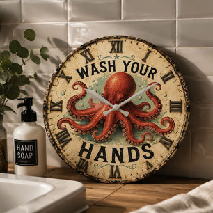 Reloj Redondo Grande Octopus Funny Coastal Nautical Beach House