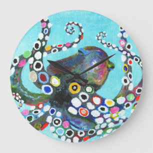 Reloj Redondo Grande Octopus vibrante: Ilustracion acrílico