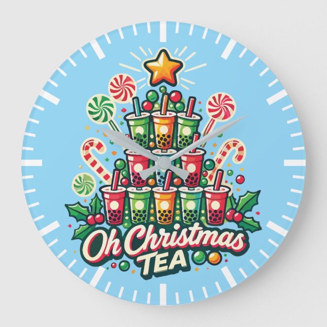 Reloj Redondo Grande Oh Navidades Tea - Funny Boba Bubble Tea Holiday (Anverso)