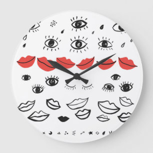 Reloj Redondo Grande Ojos de cosecha, patrón de labios rojos.