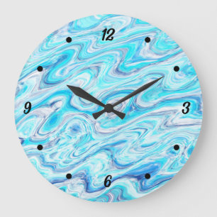 Reloj Redondo Grande Ola azul de mármol de textura líquida abstracta