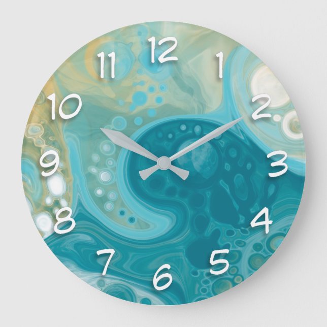 Reloj Redondo Grande Olas azules oceánicas y arte fluido marrón y arena (Anverso)