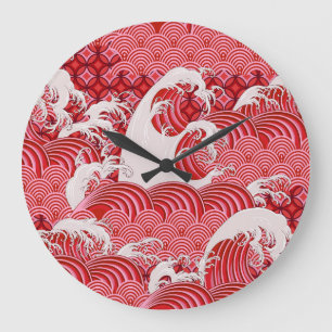 Reloj Redondo Grande Olas Chinas: Decorativo Estilo Seamless.