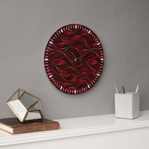 Reloj Redondo Grande Olas de mármol rojo burgundy elegante con acento d