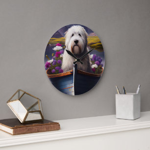 Reloj Redondo Grande Old English Sheepdog en Paddle: Una Aventura Escén