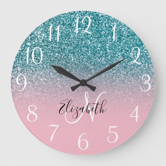 Reloj Redondo Grande Ombre Purpurina rosado y Verde azulado monogramado (Anverso)